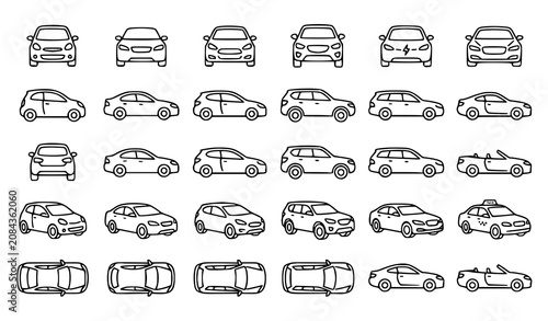 Cars front and side view outline icon vector set with automobile line symbols for transportation automotive and vehicle design isolated on white background