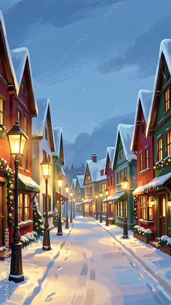Obraz premium Cozy winter village street at twilight with festive lights