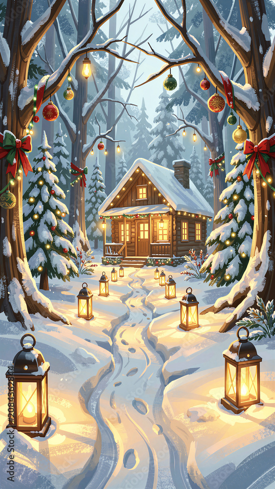 Fototapeta premium Cozy winter cabin in snowy forest with lanterns