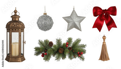 Christmas decorations including lantern, ornaments, bow, and garland on transparent background
