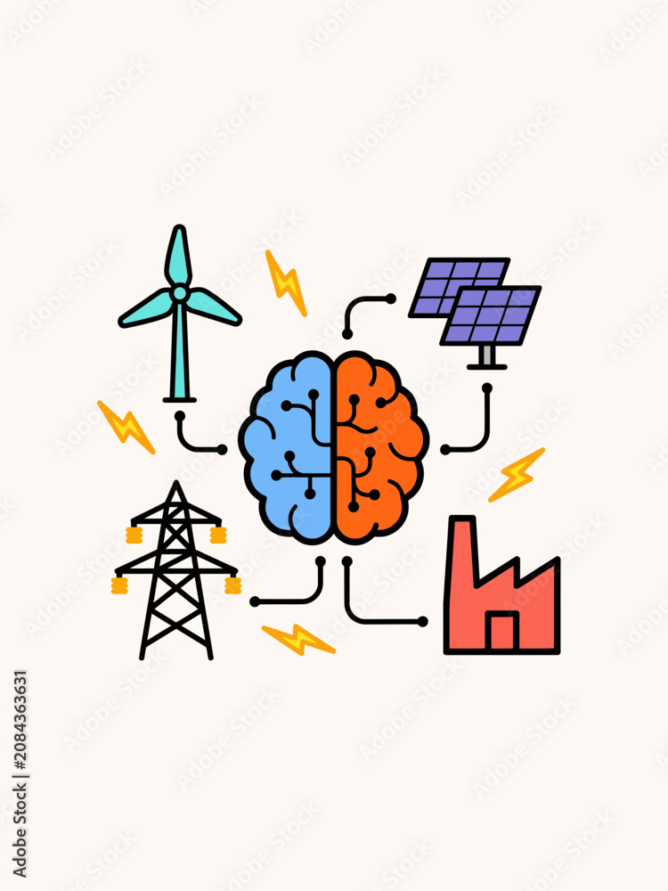 Fototapeta premium Brain with Renewable Energy Sources and Industrial Elements