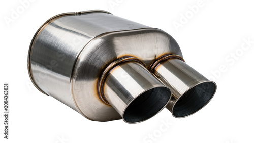 Obraz na płótnie Isolated shining brushed stainless steel car exhaust muffler with dual outlet ti