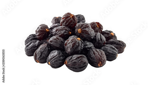 A pile of wrinkled dark brown dates with orange stems isolated on transparent background