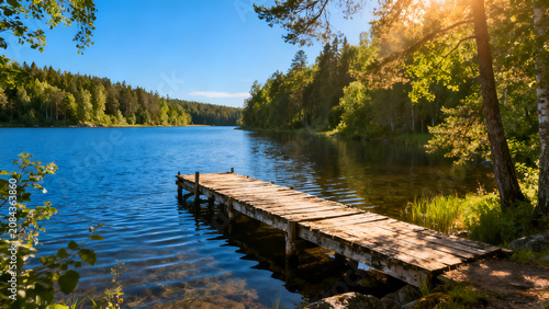 Traditional Finnish Summer Lake with Rustic Wooden Pier, Forest and Blue Sky – Scenic Scandinavian Nature Landscape in Finland