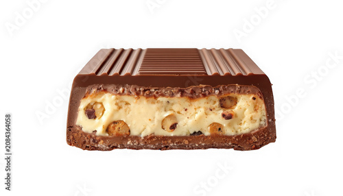A delicious chocolate candy bar with a creamy filling and nuts isolated on transparent background