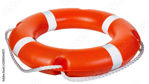 Fotografie Isolated bright orange lifebuoy with white rope, essential marine safety and res