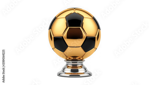 Golden soccer ball trophy on silver stand, isolated on transparent background, award symbol