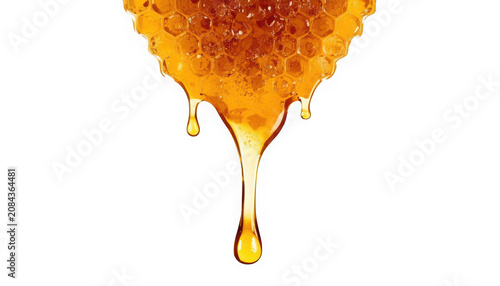 Golden honey dripping from a honeycomb on isolated transparent background with sweet liquid flowing down