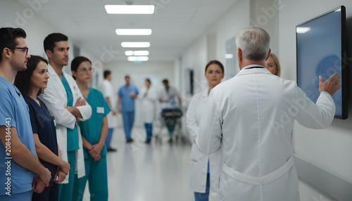 Medical professionals gather in a hospital hallway for a presentation on a screen