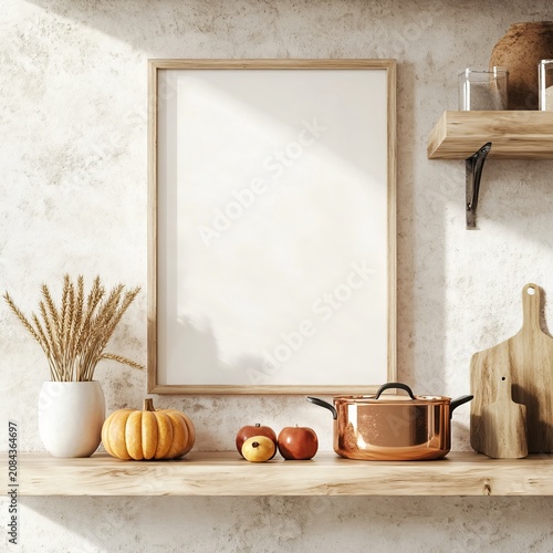 Rustic Farmhouse Kitchen Counter with Blank Mockup Frame, Pumpkins, Copper Cookware and Cozy Autumn Home Decor