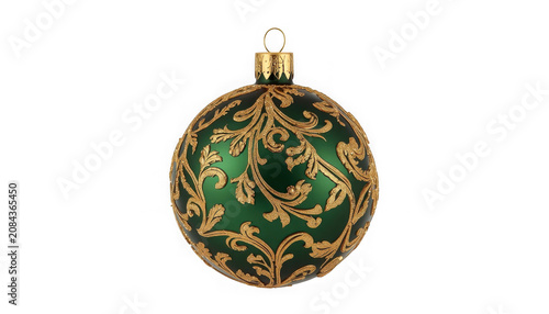 Green christmas ornament with gold floral design isolated on transparent background