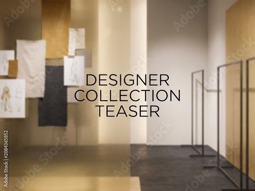 Fashion design studio, luxury clothing rack, designer collection teaser, interior