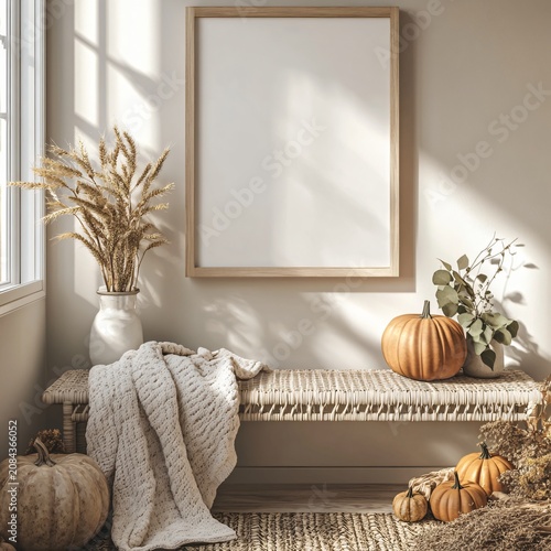 Cozy Autumn Reading Nook with Blank Mockup Frame, Woven Bench, Pumpkins and Warm Natural Sunlight