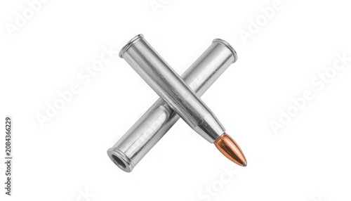Two silver bullet casings and one copper tipped bullet on transparent background