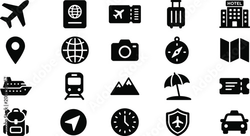 Travel icons set black and white flat design