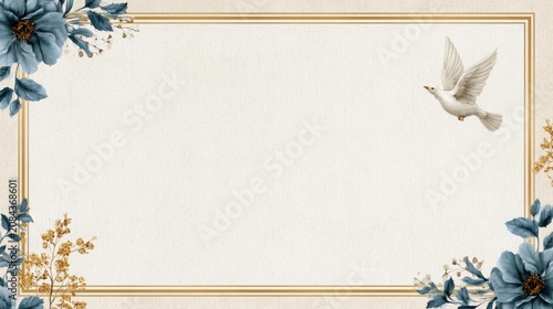 Elegant funeral card design featuring a white dove and floral elements with a soft beige background, framed by a golden border for memorial remembrance purposes