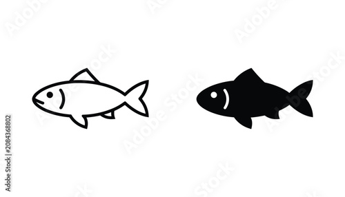 Fotografía Fish vector icon isolated on white Black and white outline line art and solid gl