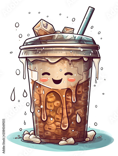 Refreshing iced coffee drink in a plastic cup with a cute smiling face on transparent background