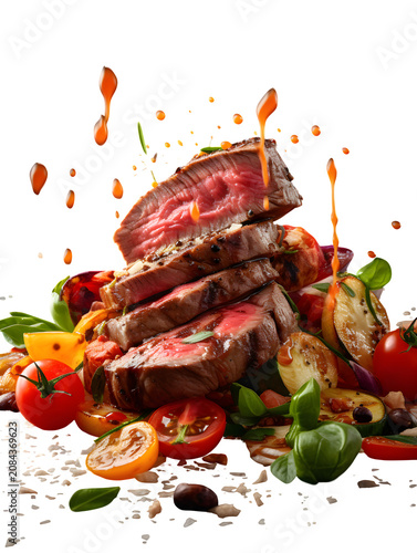 Succulent grilled beef steak slices served with fresh vegetables and flavorful sauce on transparent background
