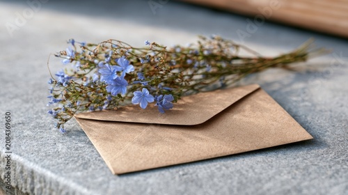 Brown envelope placed on a stone surface with a bouquet of small blue flowers arranged on top, creating a serene and thoughtful memorial remembrance background