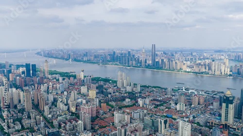 Aerial Wide Panoramic View of Wuhan City Skyline Along Yangtze River, Urban Cityscape in Hubei China