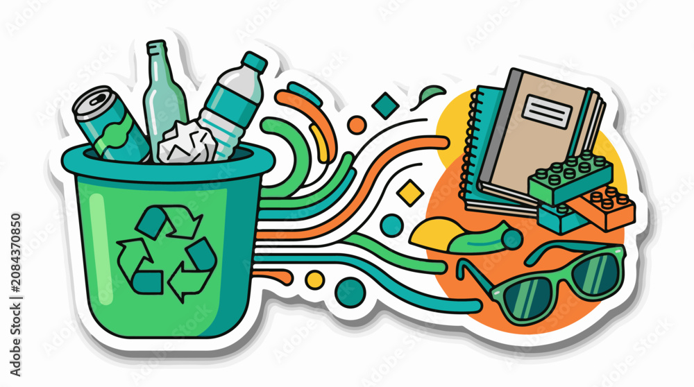 Obraz premium Illustrated recycling bin with objects and colorful abstract shapes