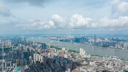 Aerial Wide Panoramic View of Wuhan City Skyline Along Yangtze River, Urban Cityscape in Hubei China