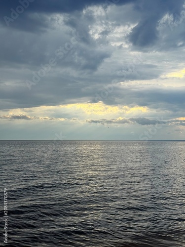grey cloudy sea horizon, stormy rainy weather