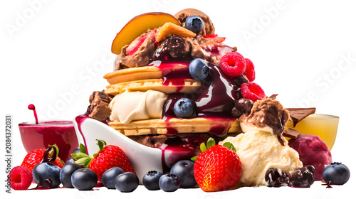 Delicious stack of fluffy pancakes topped with fresh mixed berries and melting cream on transparent background