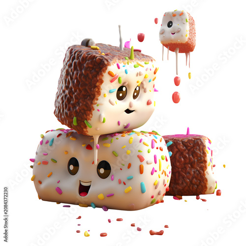 Cute cartoon brownies with colorful sprinkles and happy faces stacked together on transparent background