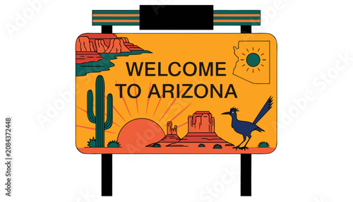 Very beautiful realistic vector of a classic roadside welcome sign featuring a colorful label reading 
