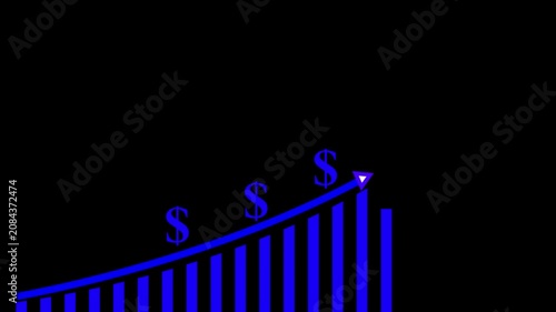 Bar chart featuring multiple floating dollar signs along a blue upward trend line illustrates consistent financial gains and increasing economic value for corporate growth and investment portfolio.