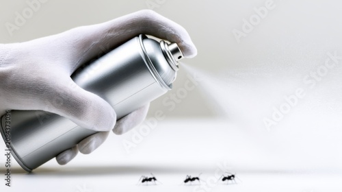 Gloved Hand Sprays Insecticide on Ants