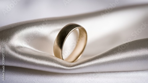 Gold wedding ring on white satin fabric