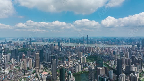 Aerial Wide Panoramic View of Wuhan City Skyline Along Yangtze River, Urban Cityscape in Hubei China