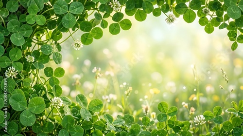Green clover leaves and white flowers frame a natural sunlit background