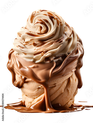 Delicious creamy vanilla ice cream swirl with melted dark chocolate sauce on transparent background