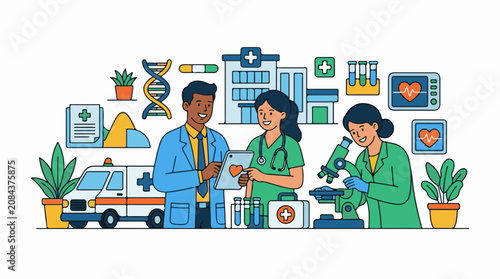 Healthcare professionals collaborate with medical equipment and a hospital
