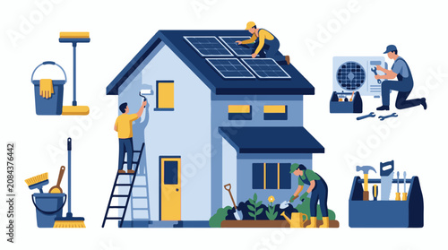 Home improvement tasks including painting solar panel installation AC repair and gardening