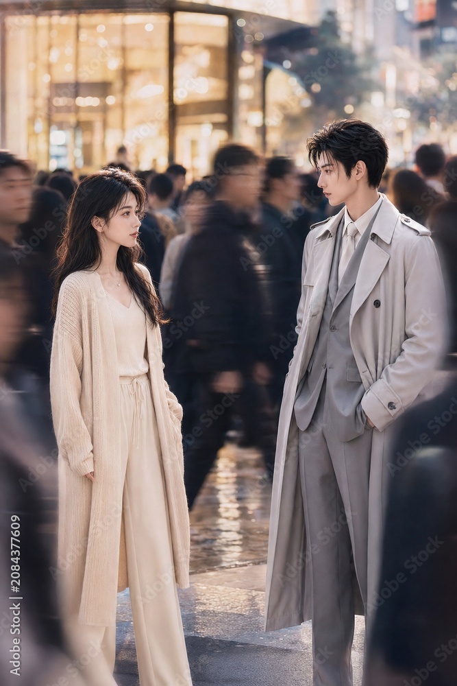 Fototapeta premium Generative AI cinematic shot of a handsome Asian man and beautiful woman looking at each other in a busy city crowd
