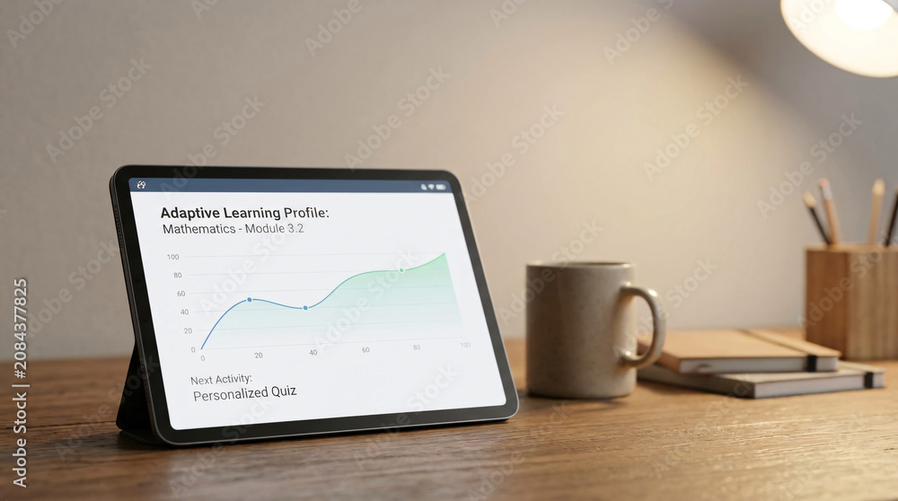 Fototapeta premium A tablet displaying a dynamic graph and data sits on a wooden desk, next to a mug and notebooks, creating a scene of modern work and study.