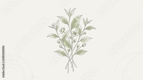 Elegant botanical illustration of tea leaves with delicate buds and blossoms.
