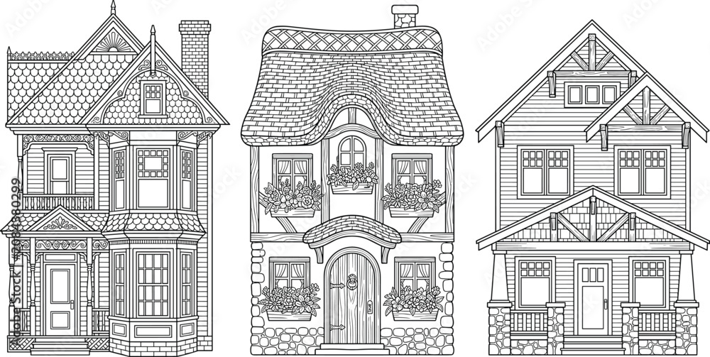 Obraz premium Vintage House Facade Collection with Victorian Home, Cottage, Craftsman Architecture, Residential Building Line Art, and Vector Illustration Set