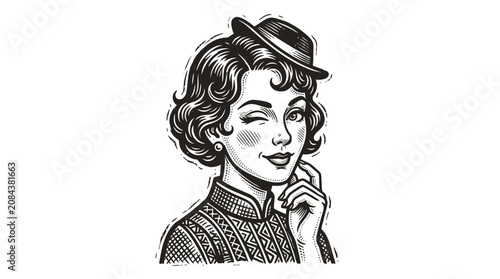 Foto Retro Woman Winking with Hat, Vintage Style Portrait