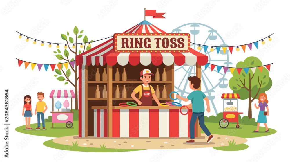 Fototapeta premium Summer festival outdoor event Carnival game booth, ring toss stand, colorful fair illustration, amusement park attraction isolated on Transparent Background EPS