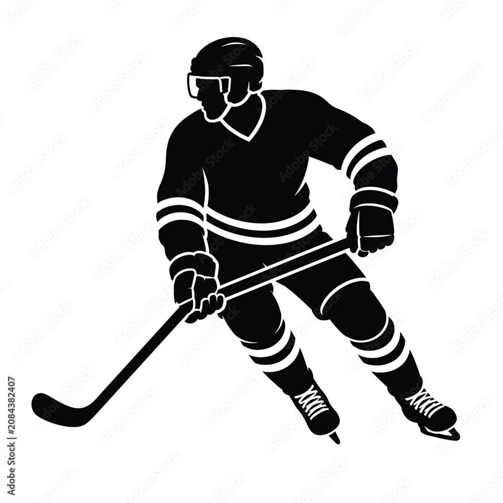 Fototapeta premium Black and White Silhouette Vector Illustration Featuring a Focused Hockey Player Skating on Ice with a Stick in Action