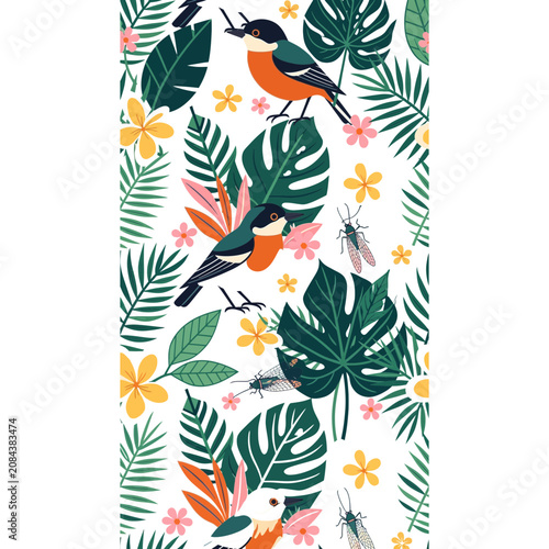 Tropical birds and insects with foliage