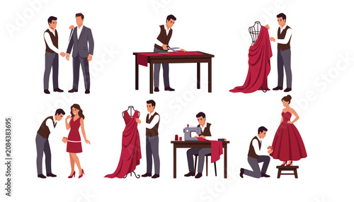 Foto Vector illustration set of cartoon tailors and dressmakers measuring, cutting fabric, sewing, and draping fashion garments isolated on white background
