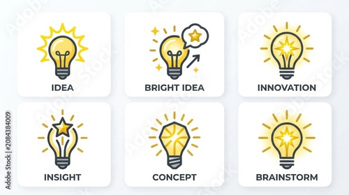 A collection of six lightbulb icons with accompanying words representing creativity and idea generation