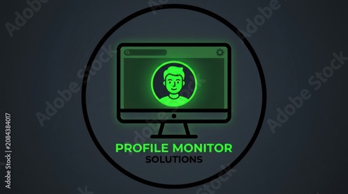 A neon green computer monitor icon with a man's face inside, set against a dark background with a circular outline and accompanied by text